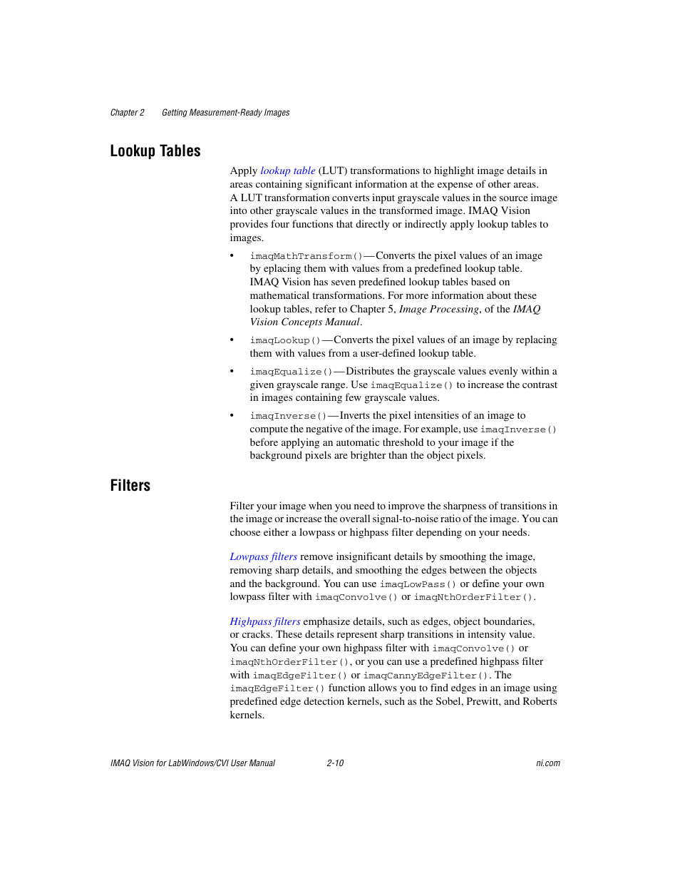 Lookup tables, Filters, Lookup tables -10 filters -10 | National Instruments IMAQ Vision for LabWindows TM /CVI User Manual | Page 26 / 119