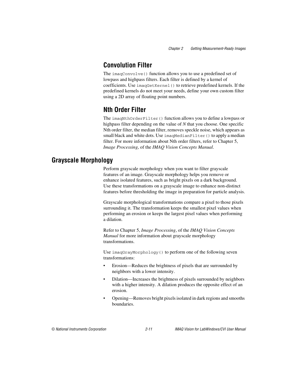 Convolution filter, Nth order filter, Grayscale morphology | Convolution filter -11 nth order filter -11, Grayscale morphology -11 | National Instruments IMAQ Vision for LabWindows TM /CVI User Manual | Page 27 / 119