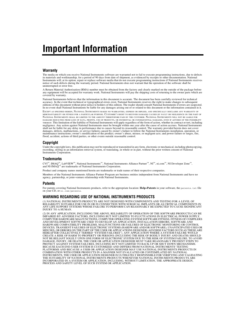 Important information, Warranty, Copyright | Trademarks, Patents | National Instruments IMAQ Vision for LabWindows TM /CVI User Manual | Page 3 / 119