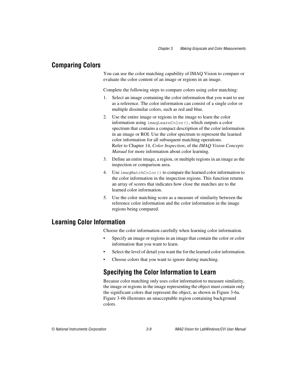 Comparing colors, Learning color information, Specifying the color information to learn | Comparing colors -9 learning color information -9, Specifying the color information to learn -9 | National Instruments IMAQ Vision for LabWindows TM /CVI User Manual | Page 38 / 119