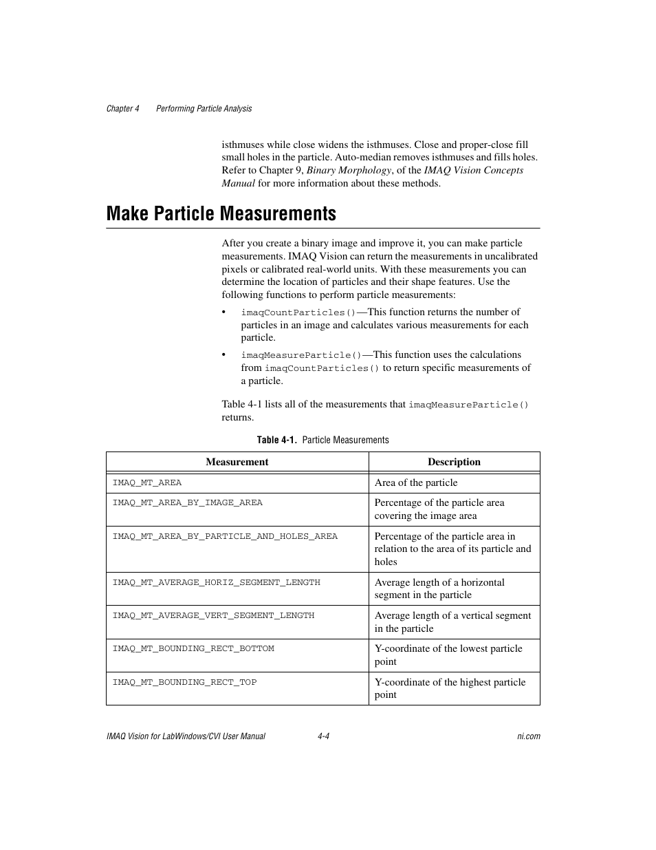 Make particle measurements, Table 4-1. particle measurements, Make particle measurements -4 | National Instruments IMAQ Vision for LabWindows TM /CVI User Manual | Page 46 / 119