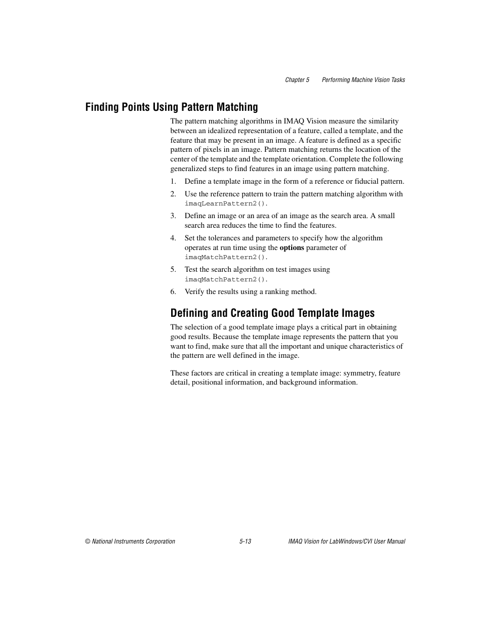 Finding points using pattern matching, Defining and creating good template images, Finding points using pattern matching -13 | Defining and creating good template images -13 | National Instruments IMAQ Vision for LabWindows TM /CVI User Manual | Page 65 / 119