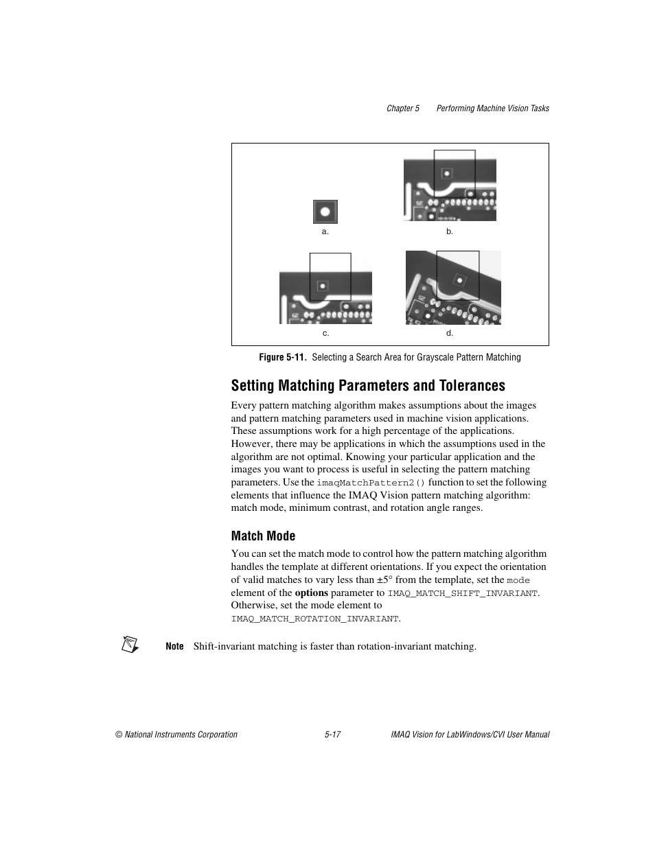 Setting matching parameters and tolerances, Setting matching parameters and tolerances -17, Gure 5-11 | 11a sh, Figure 5-11b, Re 5-11c an, 11d sh, Match mode | National Instruments IMAQ Vision for LabWindows TM /CVI User Manual | Page 69 / 119