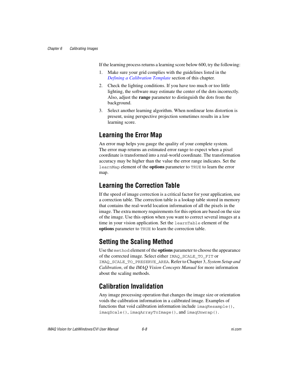 Learning the error map, Learning the correction table, Setting the scaling method | Calibration invalidation | National Instruments IMAQ Vision for LabWindows TM /CVI User Manual | Page 93 / 119