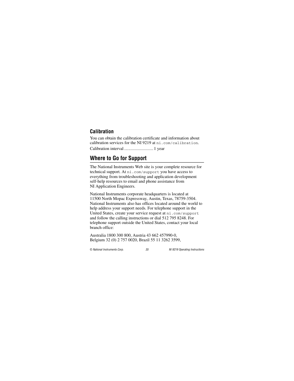 Calibration, Where to go for support | National Instruments NI 9219 User Manual | Page 35 / 36