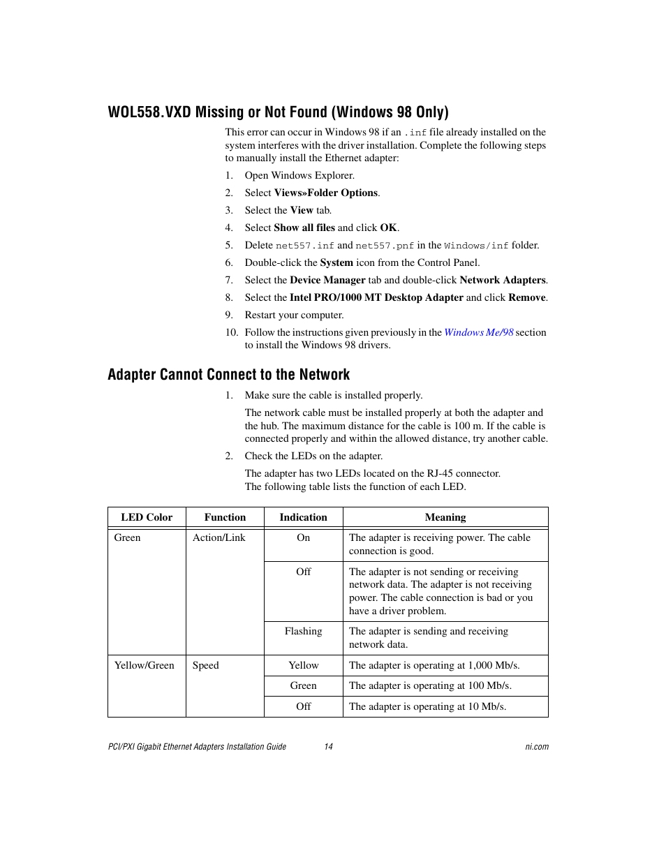 Wol558.vxd missing or not found (windows 98 only), Adapter cannot connect to the network | National Instruments Gigabit Ethernet Adapters User Manual | Page 14 / 17