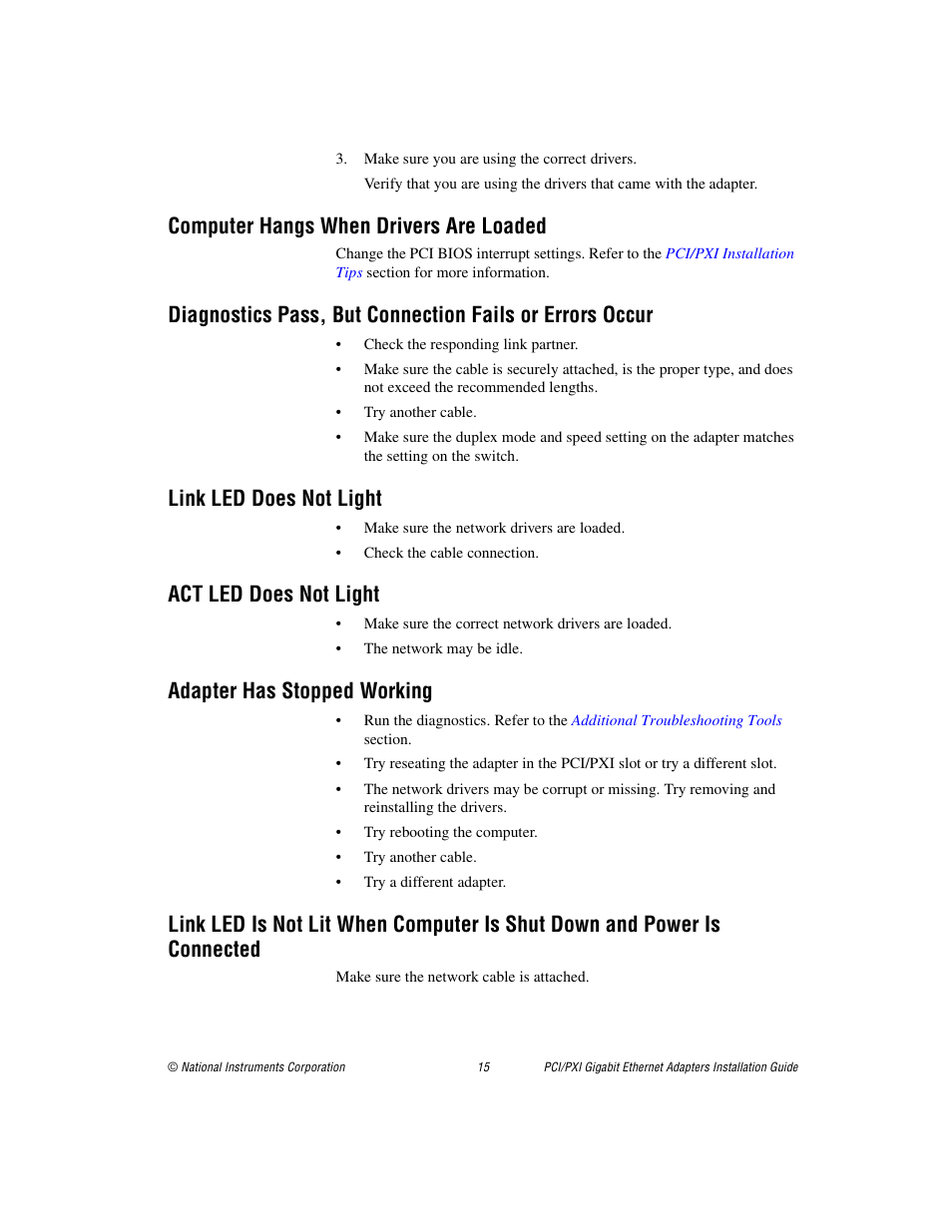Computer hangs when drivers are loaded, Link led does not light, Act led does not light | Adapter has stopped working | National Instruments Gigabit Ethernet Adapters User Manual | Page 15 / 17