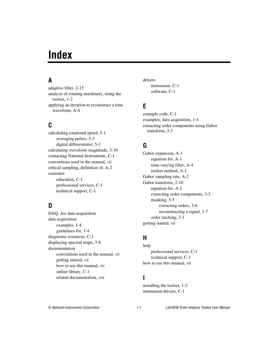 Index | National Instruments Order Analysis Toolset User Manual | Page 62 / 63