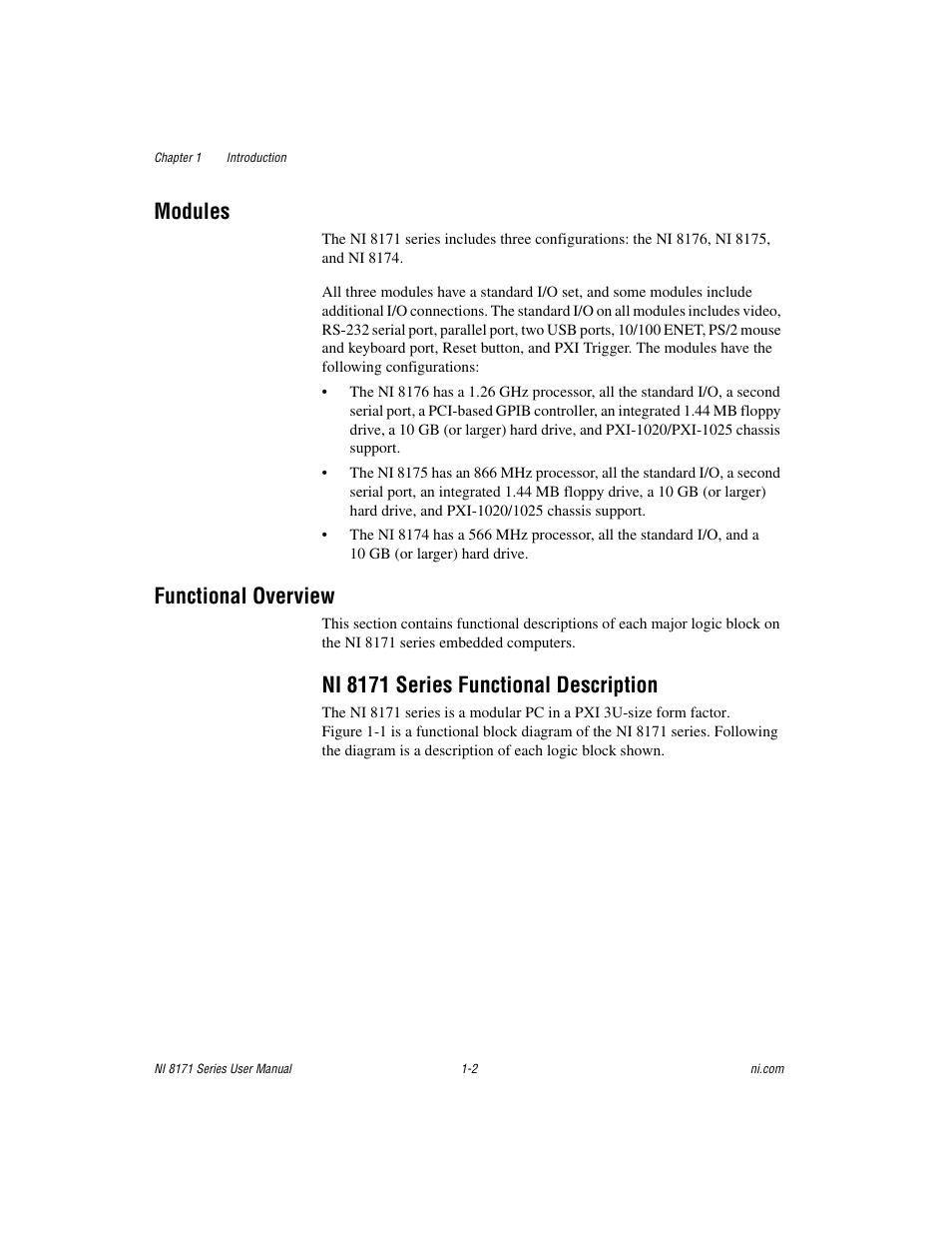 Modules, Functional overview, Ni 8171 series functional description | Modules -2 functional overview -2 | National Instruments PXI NI 8171 Series User Manual | Page 12 / 73