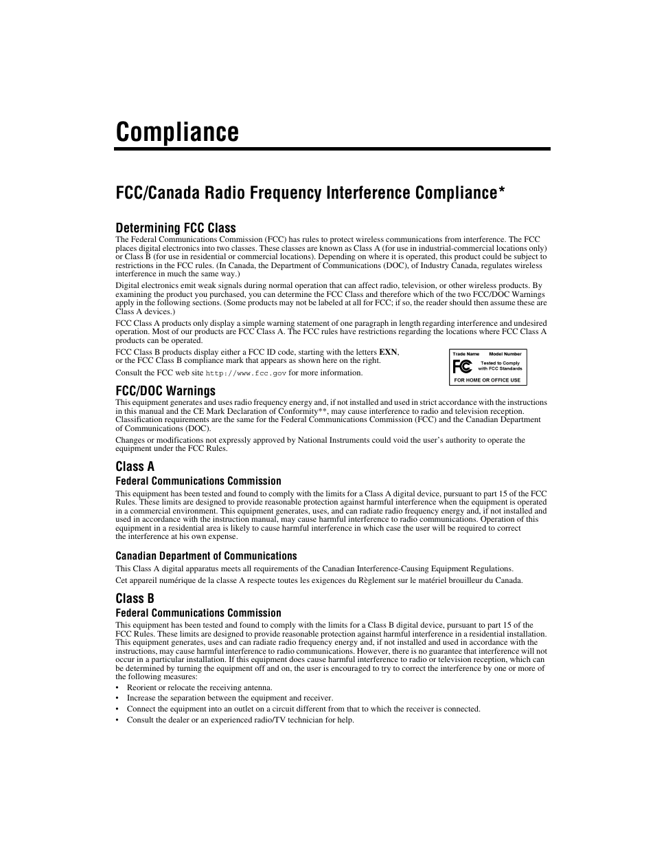 Compliance, Fcc/canada radio frequency interference compliance, Determining fcc class | Fcc/doc warnings, Class a, Class b | National Instruments PXI NI 8171 Series User Manual | Page 4 / 73