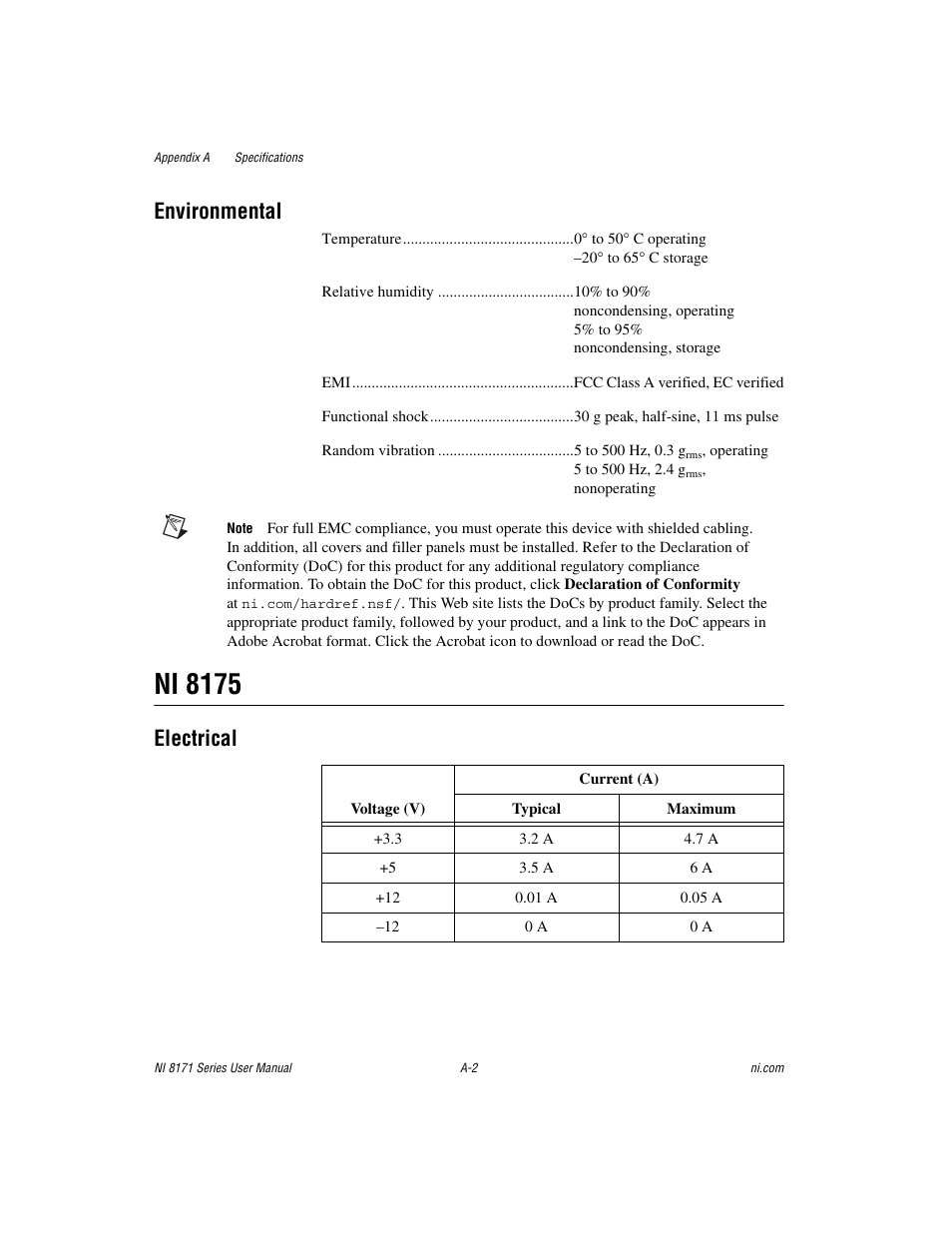 Ni 8175, Environmental, Electrical | National Instruments PXI NI 8171 Series User Manual | Page 57 / 73