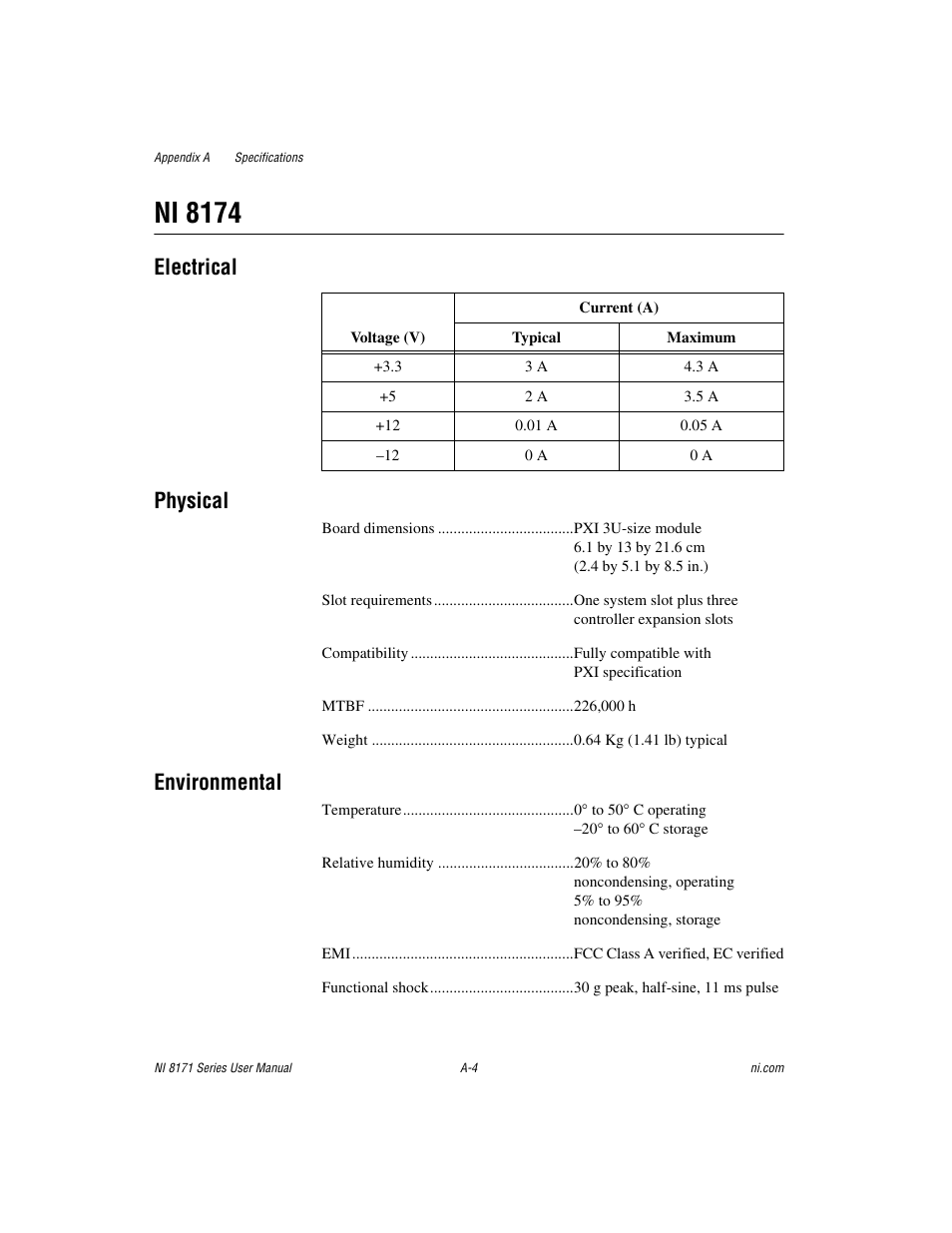 Ni 8174, Electrical physical, Environmental | National Instruments PXI NI 8171 Series User Manual | Page 59 / 73