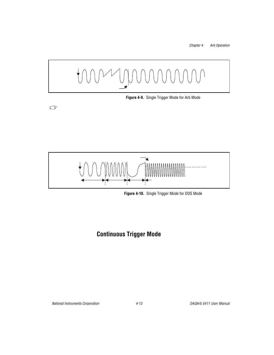 Continuous trigger mode, Figure 49. single trigger mode for arb mode, Figure 410. single trigger mode for dds mode | Continuous trigger mode -13, Figure 4-9, Single trigger mode for arb mode -13, Figure 4-10. single trigger mode for dds mode -13 | National Instruments 5411 User Manual | Page 38 / 84