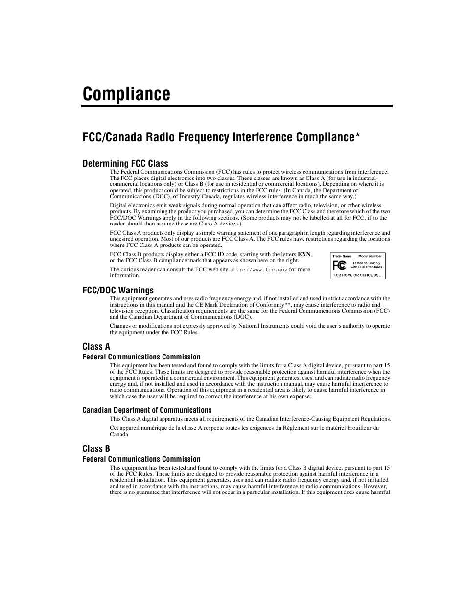 Compliance, Fcc/canada radio frequency interference compliance | National Instruments RT Series User Manual | Page 4 / 36