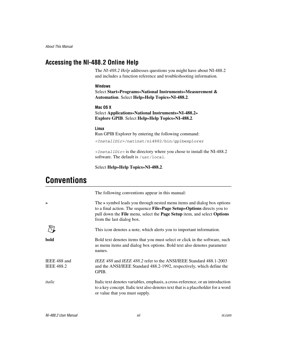 Accessing the ni-488.2 online help, Conventions | National Instruments NI-488.2 User Manual | Page 10 / 134