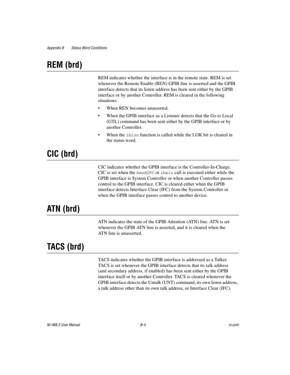 Rem (brd), Cic (brd), Atn (brd) | Tacs (brd) | National Instruments NI-488.2 User Manual | Page 100 / 134