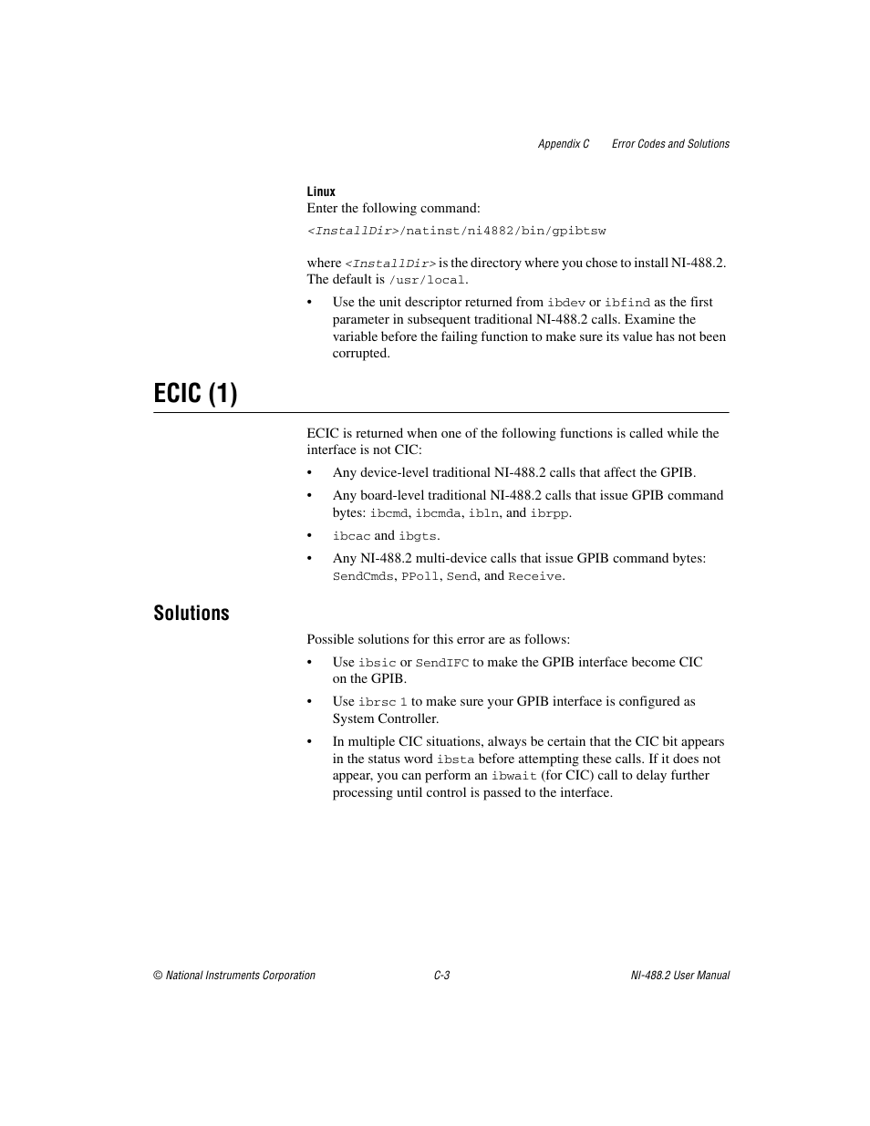 Ecic (1), Solutions | National Instruments NI-488.2 User Manual | Page 104 / 134