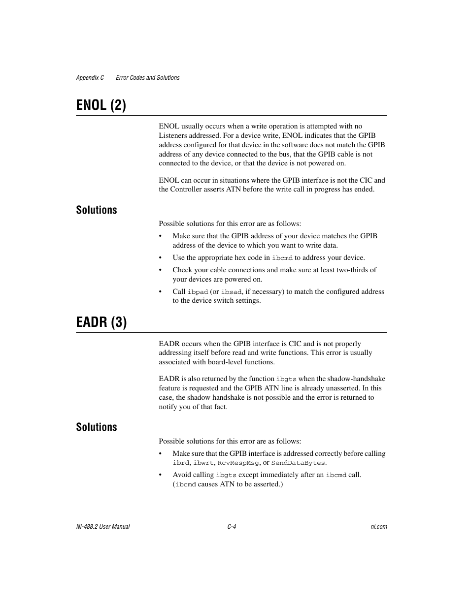 Enol (2), Eadr (3), Solutions | National Instruments NI-488.2 User Manual | Page 105 / 134