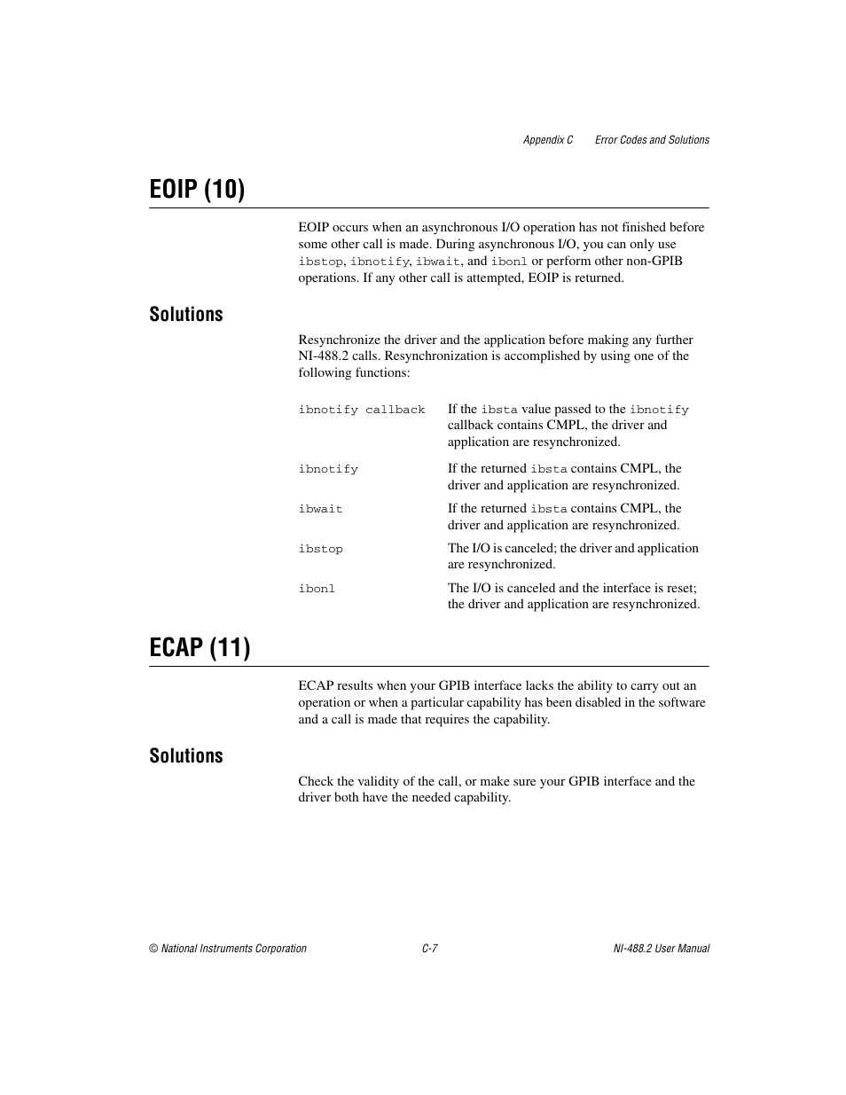 Eoip (10), Ecap (11), Solutions | National Instruments NI-488.2 User Manual | Page 108 / 134