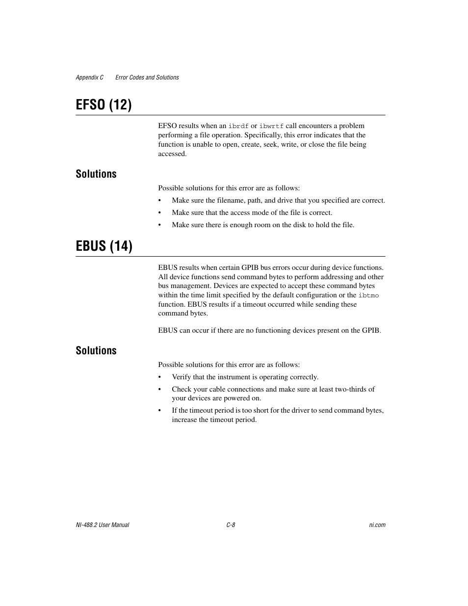 Efso (12), Ebus (14), Solutions | National Instruments NI-488.2 User Manual | Page 109 / 134