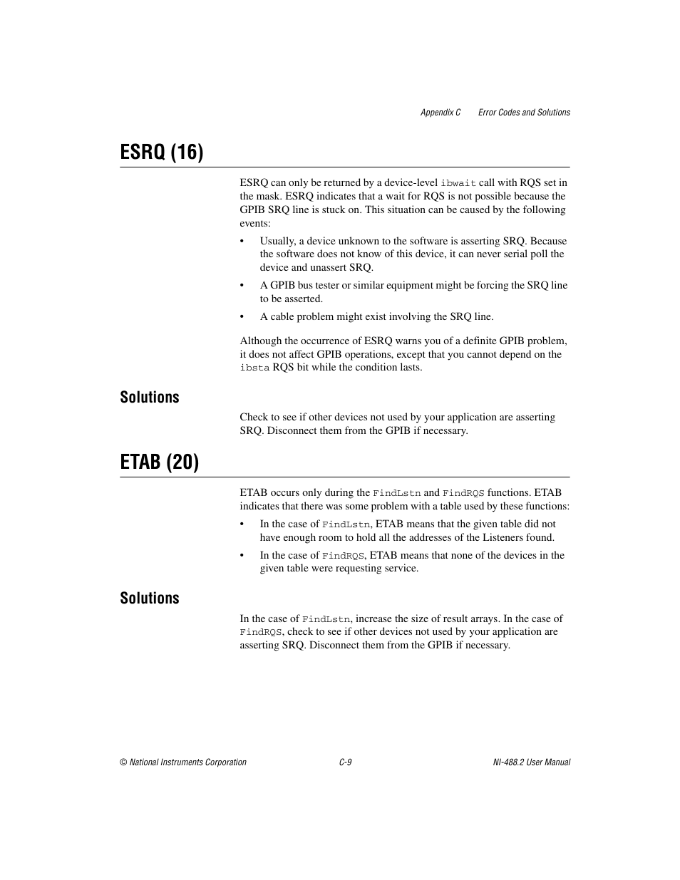 Esrq (16), Etab (20), Solutions | National Instruments NI-488.2 User Manual | Page 110 / 134