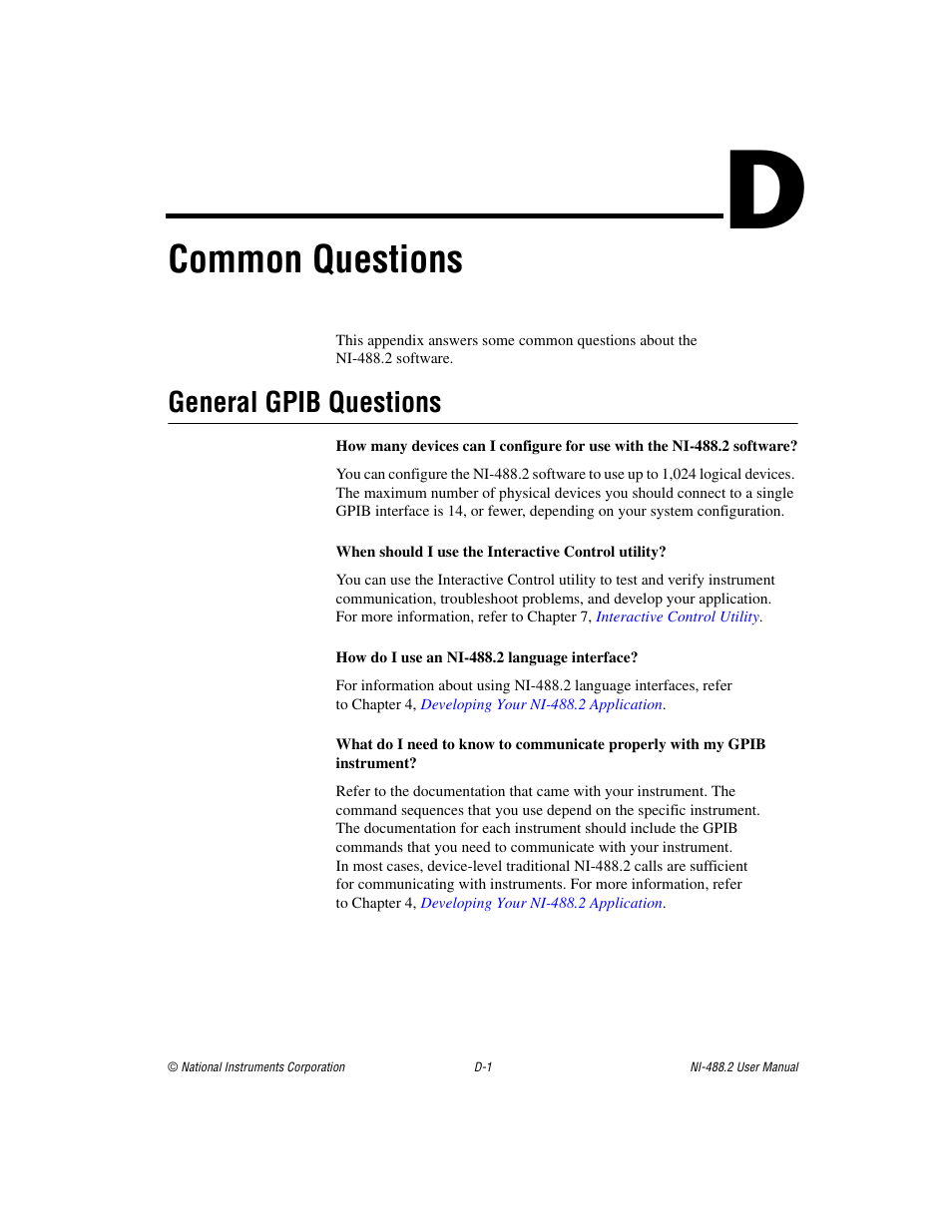 Appendix d common questions, Common questions, General gpib questions | National Instruments NI-488.2 User Manual | Page 114 / 134