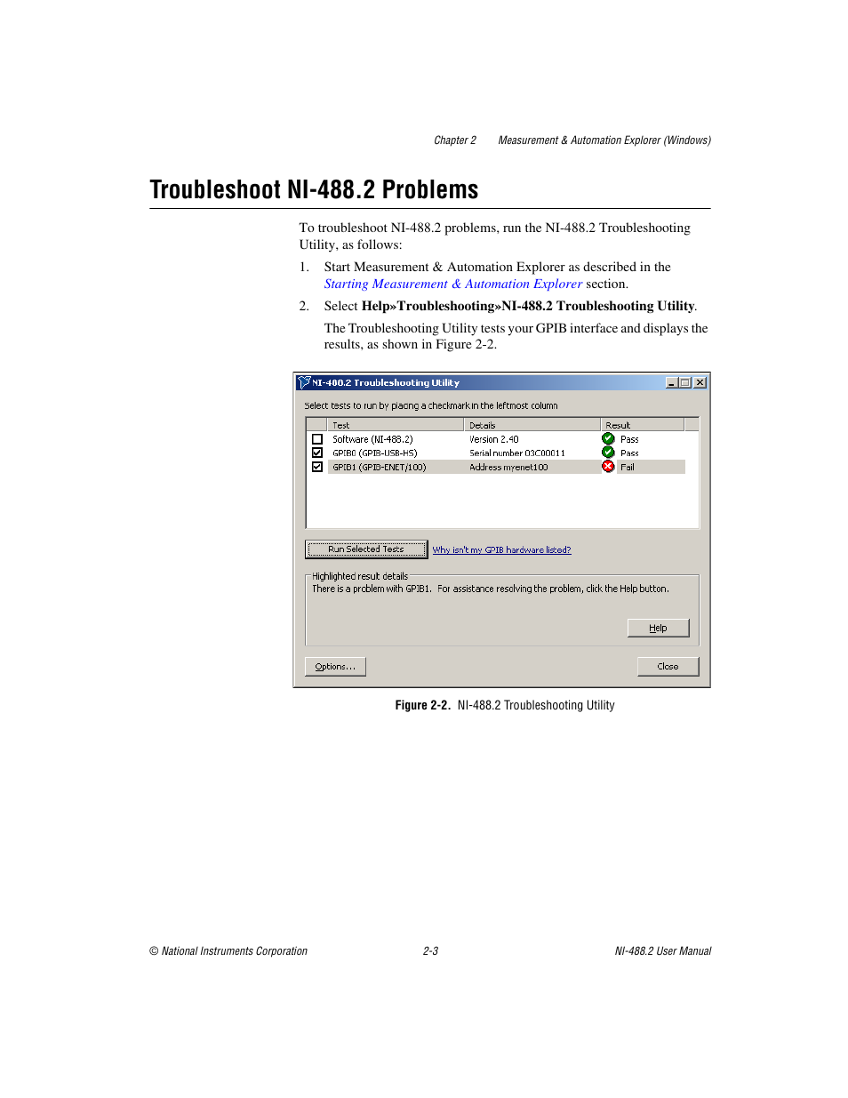 Troubleshoot ni-488.2 problems, Figure 2-2. ni-488.2 troubleshooting utility, Troubleshoot ni-488.2 problems -3 | National Instruments NI-488.2 User Manual | Page 17 / 134