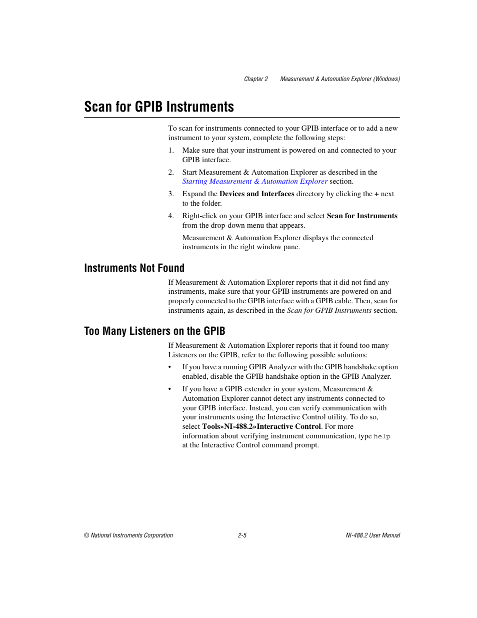 Scan for gpib instruments, Instruments not found, Too many listeners on the gpib | Scan for gpib instruments -5 | National Instruments NI-488.2 User Manual | Page 19 / 134