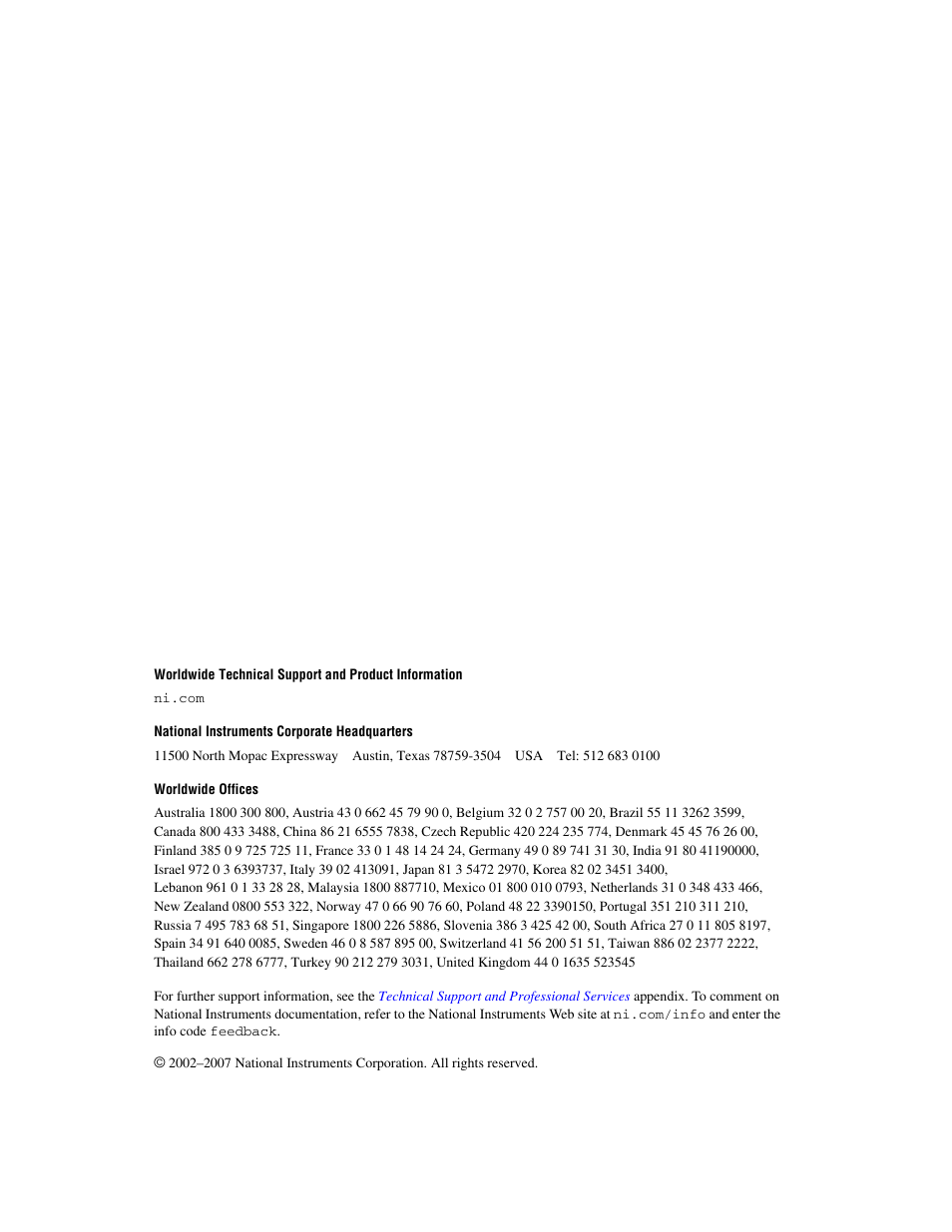 Support, National instruments corporate headquarters, Worldwide offices | National Instruments NI-488.2 User Manual | Page 2 / 134