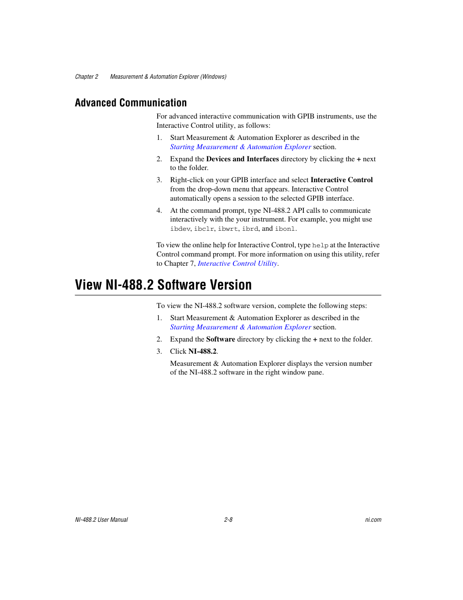 Advanced communication, View ni-488.2 software version, Advanced communication -8 | View ni-488.2 software version -8 | National Instruments NI-488.2 User Manual | Page 22 / 134