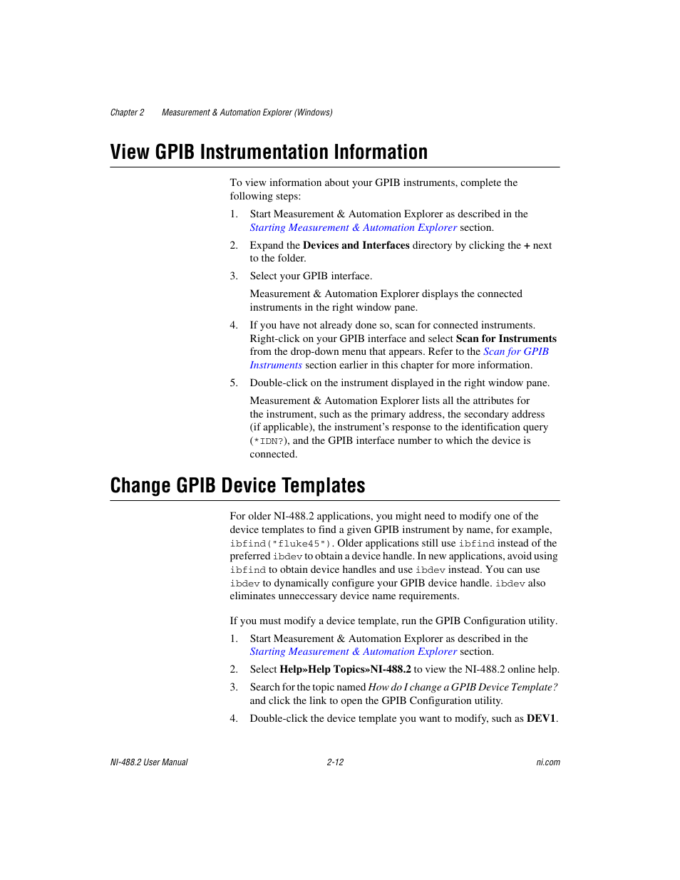 View gpib instrumentation information, Change gpib device templates | National Instruments NI-488.2 User Manual | Page 26 / 134