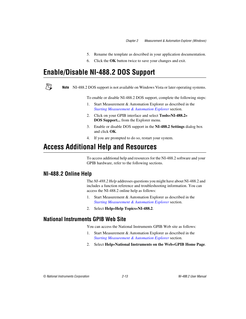 Enable/disable ni-488.2 dos support, Access additional help and resources, Ni-488.2 online help | National instruments gpib web site | National Instruments NI-488.2 User Manual | Page 27 / 134