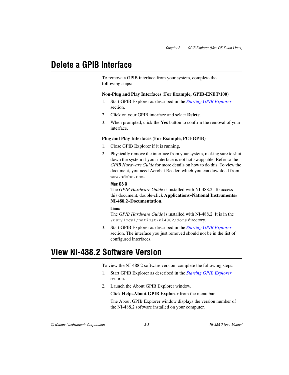 Delete a gpib interface, View ni-488.2 software version | National Instruments NI-488.2 User Manual | Page 33 / 134