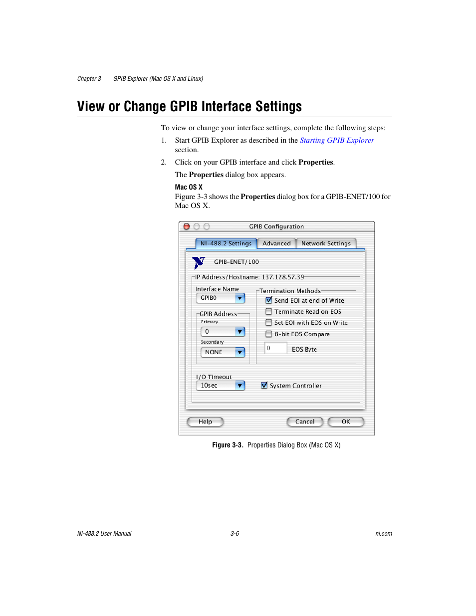 View or change gpib interface settings, Figure 3-3. properties dialog box (mac os x), View or change gpib interface settings -6 | National Instruments NI-488.2 User Manual | Page 34 / 134