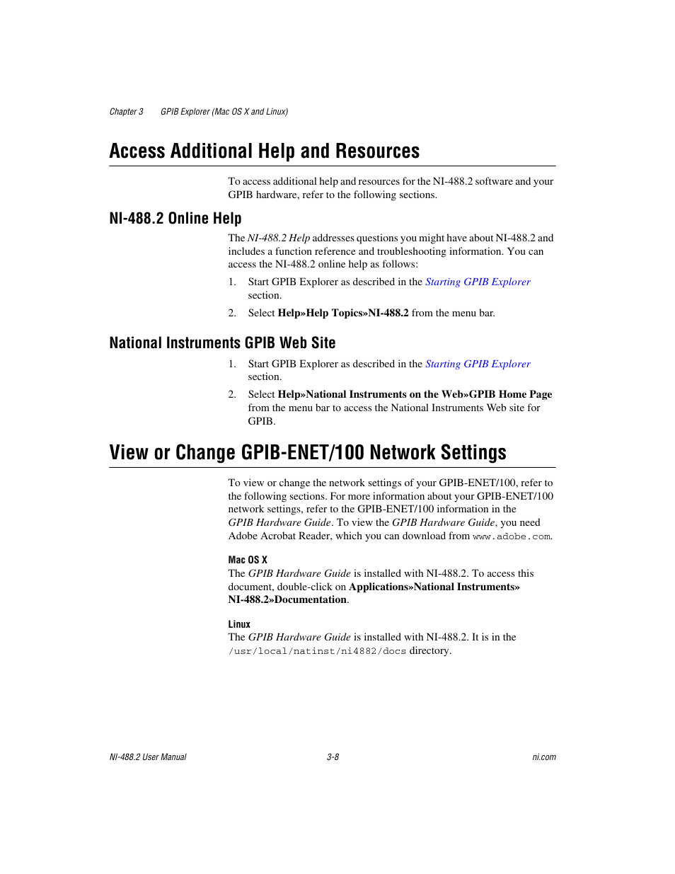 Access additional help and resources, Ni-488.2 online help, National instruments gpib web site | View or change gpib-enet/100 network settings, Access additional help and resources -8, View or change gpib-enet/100 network settings -8 | National Instruments NI-488.2 User Manual | Page 36 / 134