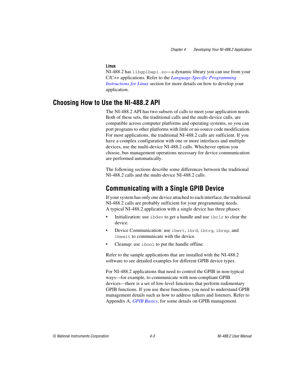 Choosing how to use the ni-488.2 api, Communicating with a single gpib device, Choosing how to use the ni-488.2 api -3 | Communicating with a single gpib device -3 | National Instruments NI-488.2 User Manual | Page 40 / 134