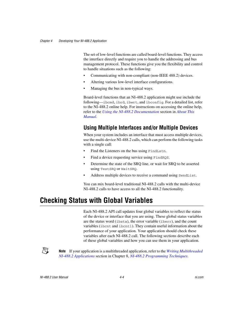 Using multiple interfaces and/or multiple devices, Checking status with global variables, Checking status with global variables -4 | National Instruments NI-488.2 User Manual | Page 41 / 134