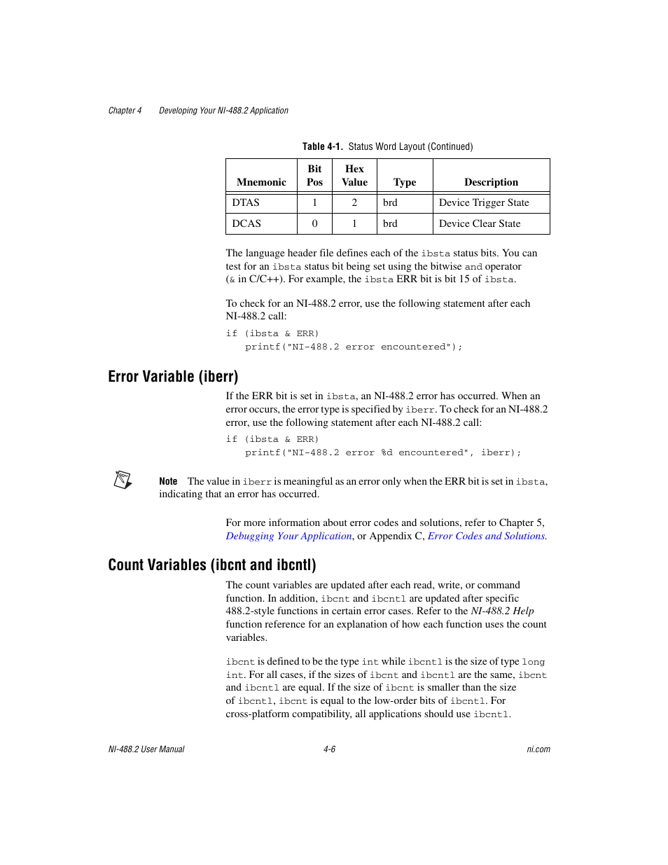 Error variable (iberr), Count variables (ibcnt and ibcntl) | National Instruments NI-488.2 User Manual | Page 43 / 134