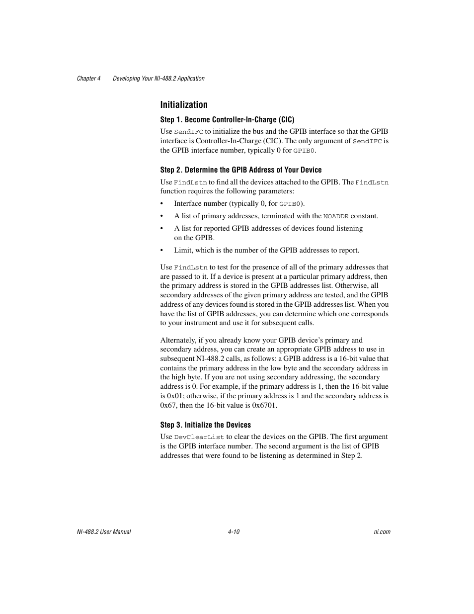 Step 2. determine, The gpib address of your device, Initialization | National Instruments NI-488.2 User Manual | Page 47 / 134