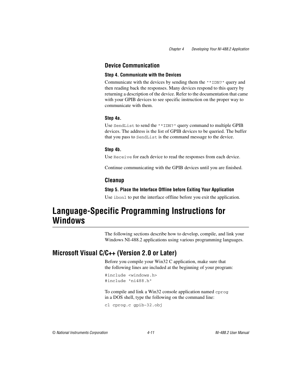 Microsoft visual c/c++ (version 2.0 or later), Microsoft visual c/c++ (version 2.0 or later) -11 | National Instruments NI-488.2 User Manual | Page 48 / 134