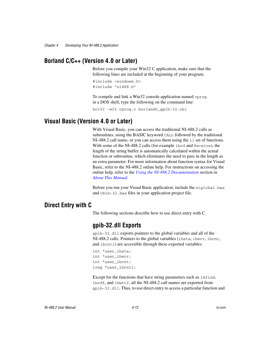 Borland c/c++ (version 4.0 or later), Visual basic (version 4.0 or later), Direct entry with c | Gpib-32.dll exports, Direct entry with c -12, Gpib-32.dll exports -12 | National Instruments NI-488.2 User Manual | Page 49 / 134