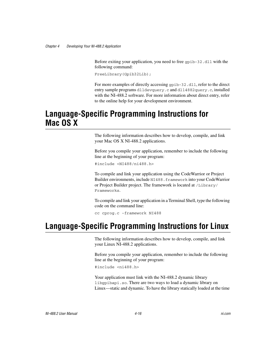 Language-specific programming, Instructions for linux, Sect | National Instruments NI-488.2 User Manual | Page 53 / 134