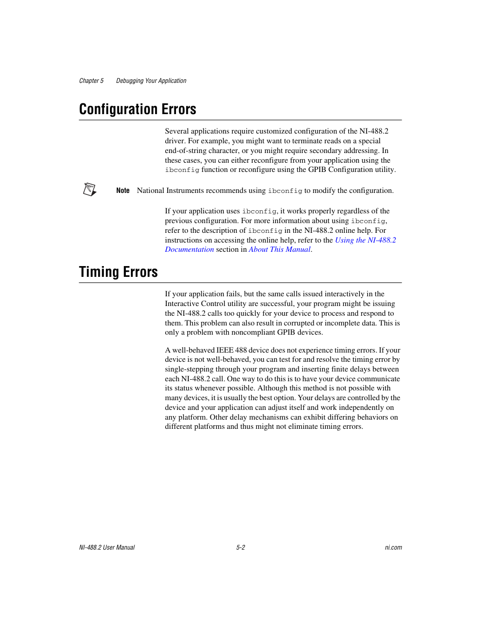 Configuration errors, Timing errors, Configuration errors -2 timing errors -2 | National Instruments NI-488.2 User Manual | Page 56 / 134