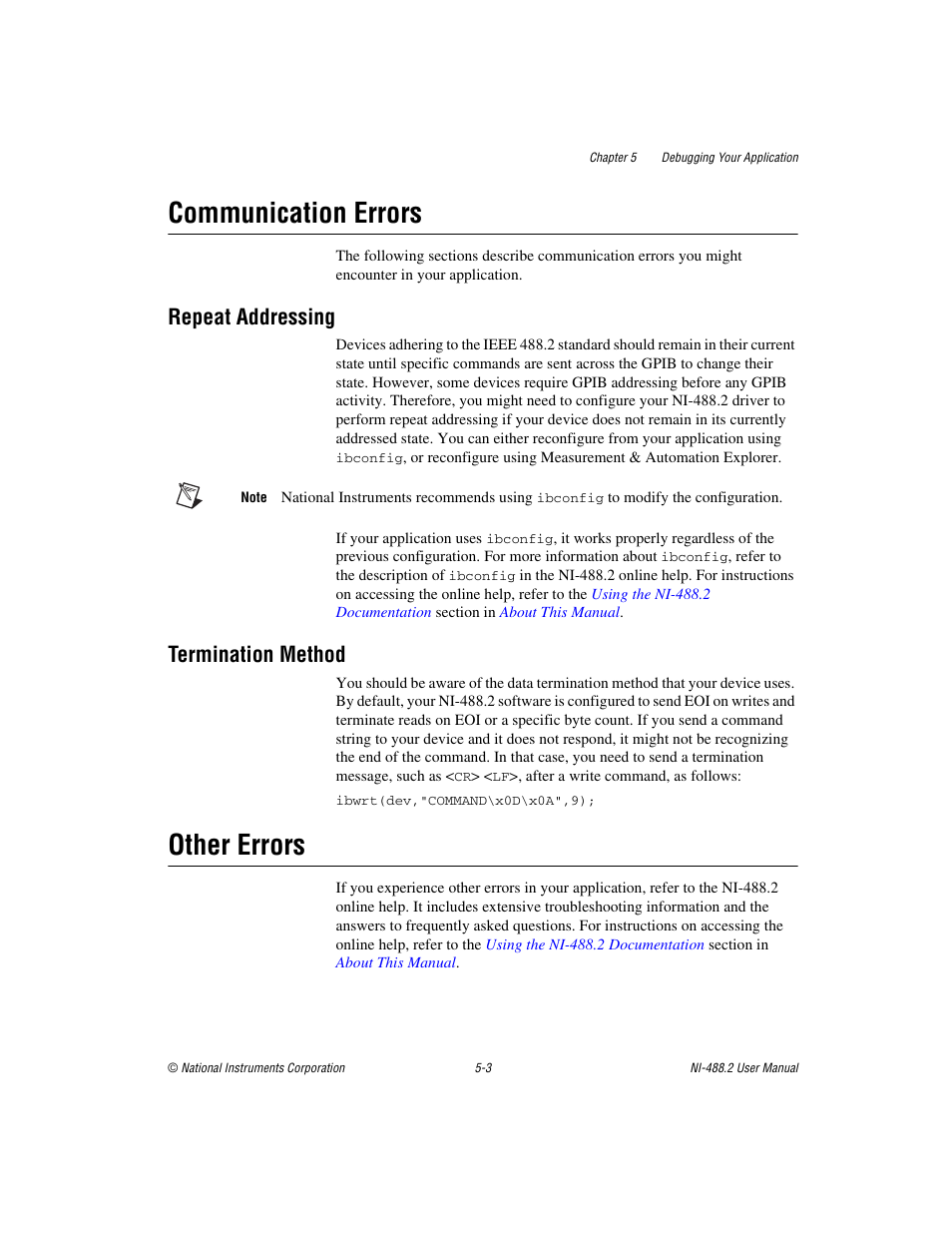 Communication errors, Repeat addressing, Termination method | Other errors, Communication errors -3, Repeat addressing -3 termination method -3, Other errors -3 | National Instruments NI-488.2 User Manual | Page 57 / 134