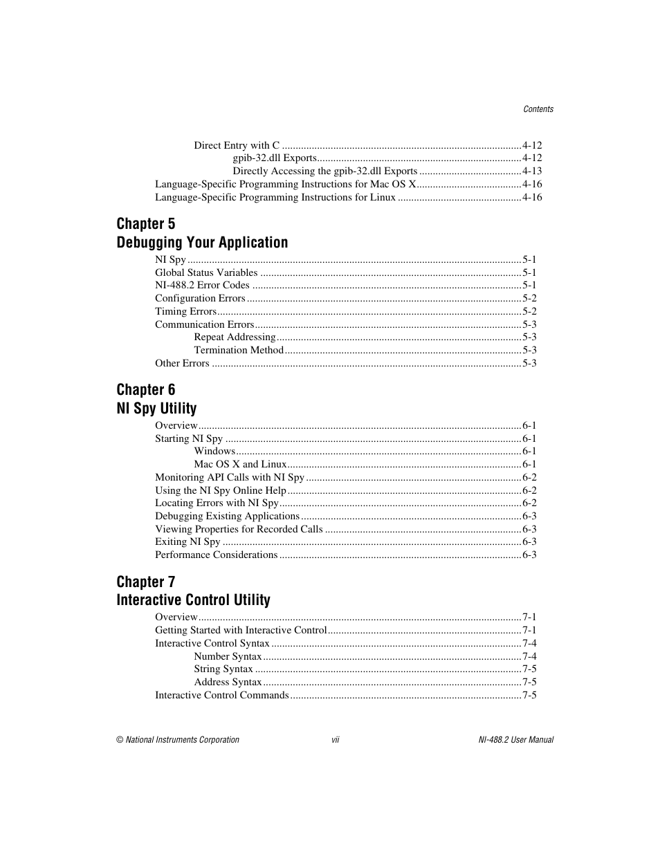 Chapter 5 debugging your application, Chapter 6 ni spy utility, Chapter 7 interactive control utility | National Instruments NI-488.2 User Manual | Page 6 / 134