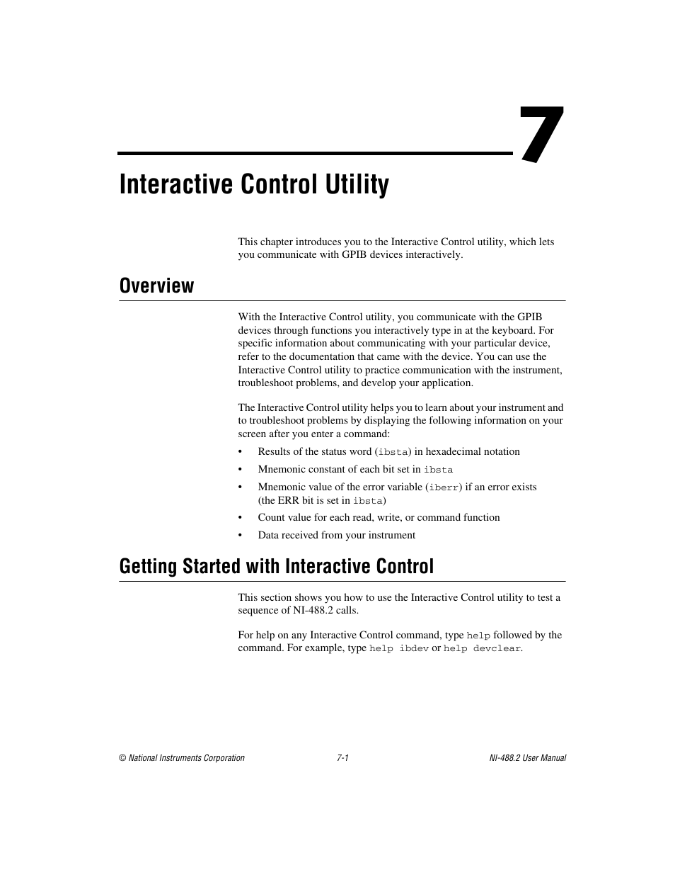 Chapter 7 interactive control utility, Overview, Getting started with interactive control | Ter 7, Interactive control utility, Interactive control, Utility | National Instruments NI-488.2 User Manual | Page 61 / 134