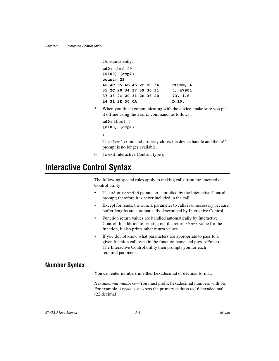 Interactive control syntax, Number syntax, Interactive control syntax -4 | Number syntax -4 | National Instruments NI-488.2 User Manual | Page 64 / 134