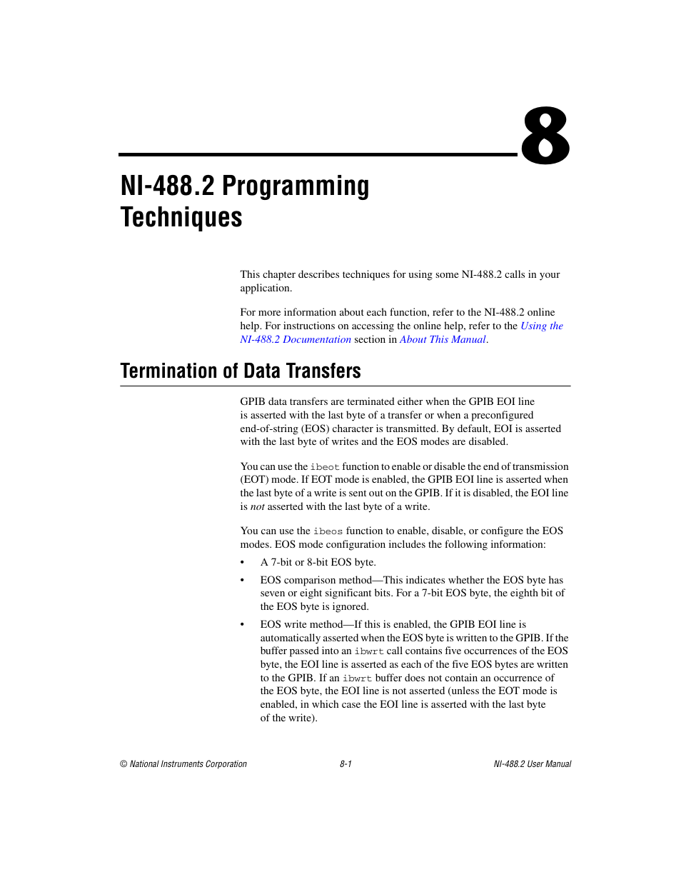 Chapter 8 ni-488.2 programming techniques, Termination of data transfers, Termination of data transfers -1 | Ni-488.2 programming techniques | National Instruments NI-488.2 User Manual | Page 73 / 134