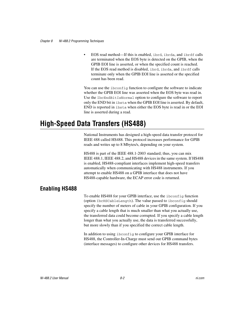 High-speed data transfers (hs488), Enabling hs488, High-speed data transfers (hs488) -2 | Enabling hs488 -2 | National Instruments NI-488.2 User Manual | Page 74 / 134