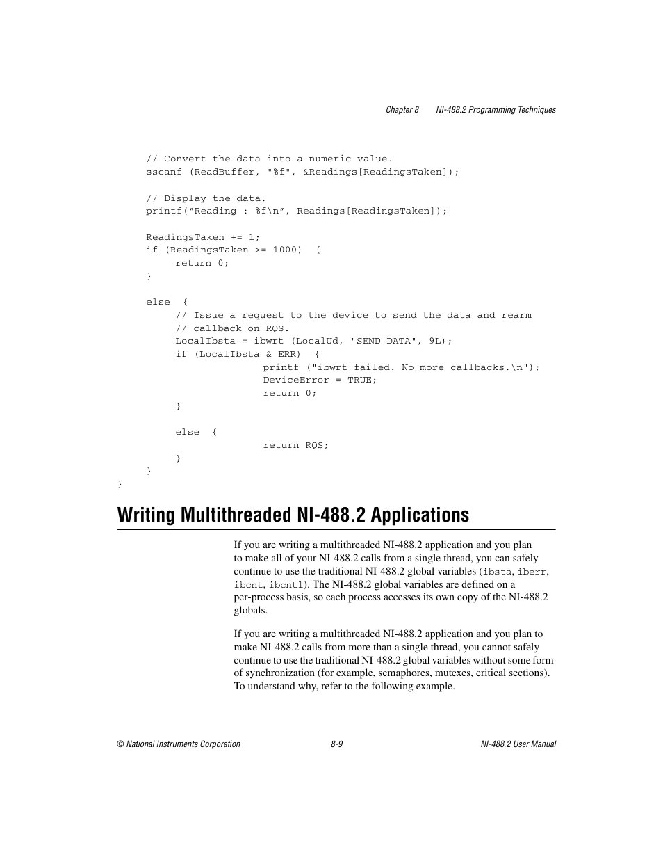 Writing multithreaded ni-488.2 applications, Writing multithreaded ni-488.2 applications -9, Writing multithreaded | Ni-488.2 applications | National Instruments NI-488.2 User Manual | Page 81 / 134